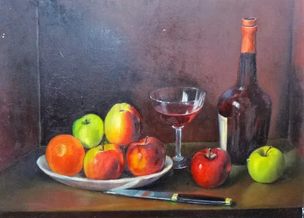 Charles Seez (20th century), Still life of apples and wine, oil on canvas, unframed, signed on reverse, 51cm x 70cm.  E1