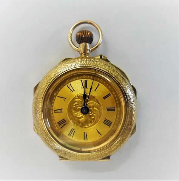 A lady's 9ct gold octagonal cased, keyless wind, openfaced fob watch, with an unsigned gilt cylinder movement, gold inner case, the gilt dial with bla