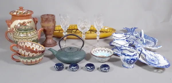 A quantity of ceramics and glassware to include sixteen cut crystal drinking glasses, a glazed pottery tea service, a blue and white bone china tea se