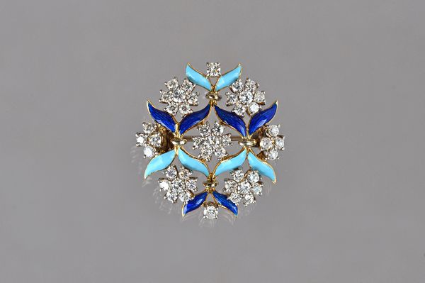 A gold, diamond and enamelled brooch, designed as a series of diamond clusters, mounted with circular cut stones and otherwise with light and dark blu