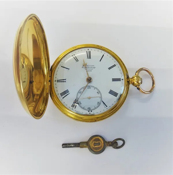 An 18ct gold, key wind, hunting cased gentleman's pocket watch, the gilt fusee movement with a duplex escapement, detailed to the backplate, Jas McCab