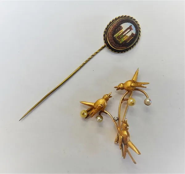 A Victorian oval mosaic stick pin, designed as a classical ruin and a gold and cultured pearl brooch, designed as a spray with three birds, (2).