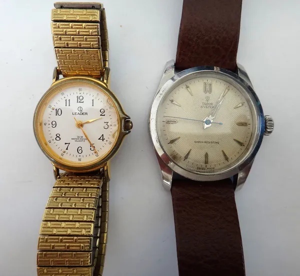 A Tudor Oyster steel cased gentleman's wristwatch, the signed silvered dial with baton shaped numerals and with centre seconds, Rolex crown to the win