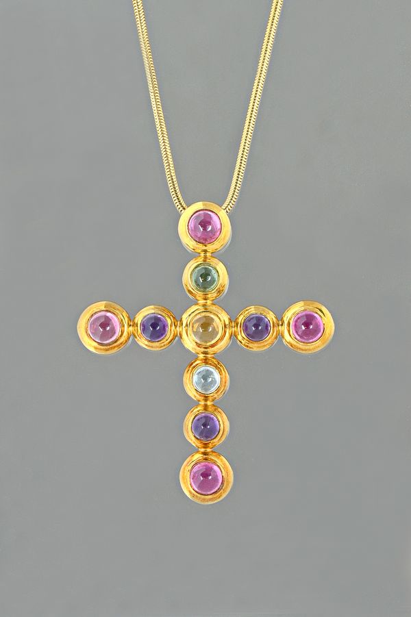 A Tiffany & Co Paloma Picasso gold and cabochon gemstone set pendant cross, the cabochon gemstones including pink tourmaline, amethyst and citrine, de