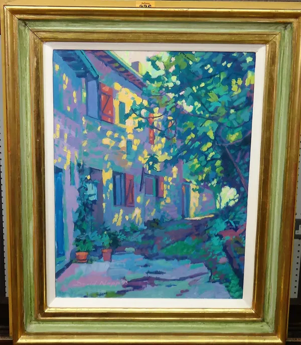 David Napp, (20th century), Sunlit houses, oil on canvas, signed and dated 93, 45cm x 34cm; together with an oil harbour scene by another hand, (2).