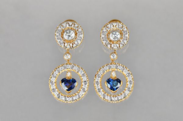 An Italian pair of gold, diamond and sapphire set pendant earrings by Federico Buccellati, each principal circular drop centred by a heart shaped heat