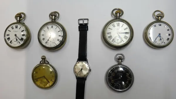 A collection of six mostly M.O.D issue, base metal cased, keyless wind, openfaced gentlemen's pocket watches, including Doxa, Waltham and H Williamson