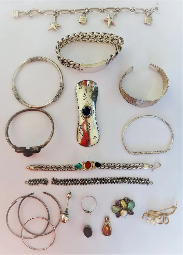 A 9ct gold and cultured pearl brooch, designed as a spray, gross weight 7.3 gms and a group of mostly silver jewellery, including; four bangles, four