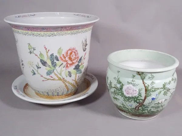A 20th century Chinese jardiniere on stand, decorated with birds and another, (2)   H3