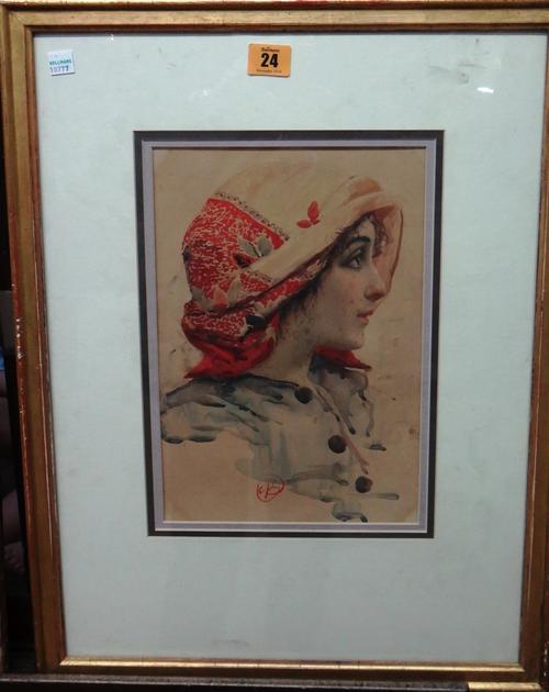 Continental School (19th/20th century), Profile Portrait of a girl, watercolour, bears an indistinct signature, 30cm x 20cm.   M1