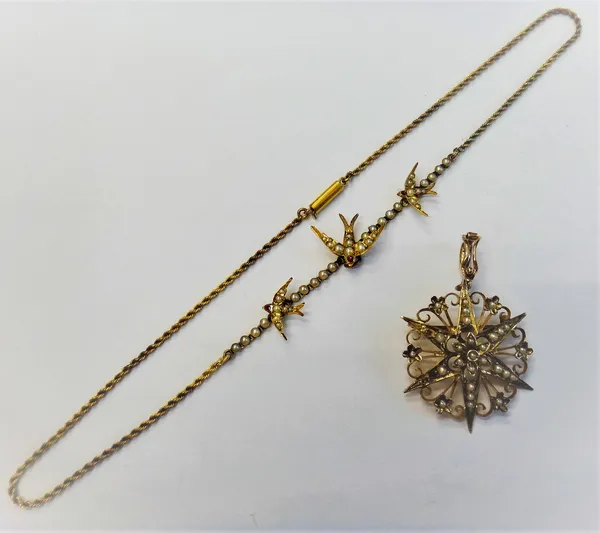 A gold and seed pearl set necklace, the front with three seed pearl set swallow motifs, on a ropetwist link neckchain, with a cylindrical clasp and a