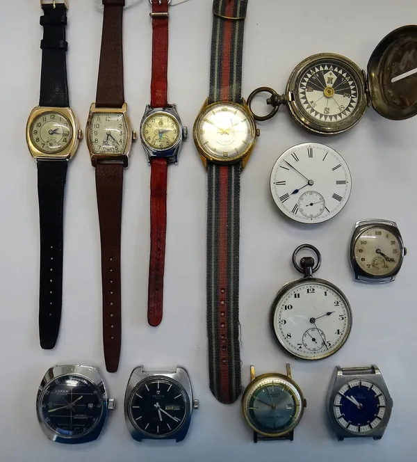 Two 9ct gold cased wristwatches, including one import mark London probably 1935, six further gentlemen's wristwatches, including Buler, Tissot and Adr