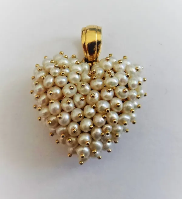 A gold and cultured pearl pendant, in a heart shaped design, the front mounted with cultured pearls, detailed to the back Le-Gi 750, gross weight 7.2