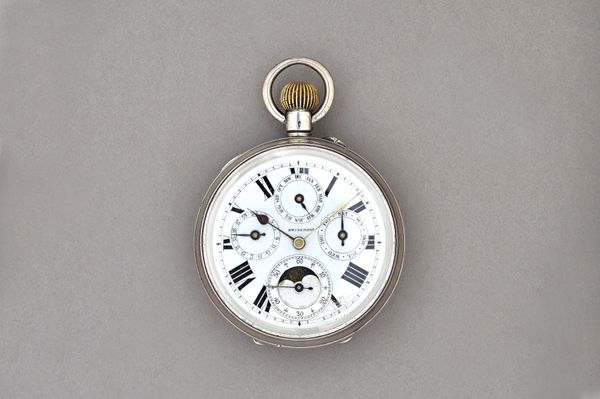 A silverl cased, keyless wind, openfaced calendar pocket watch, with an unsigned gilt jewelled lever movement, the enamelled dial with four subsidiary