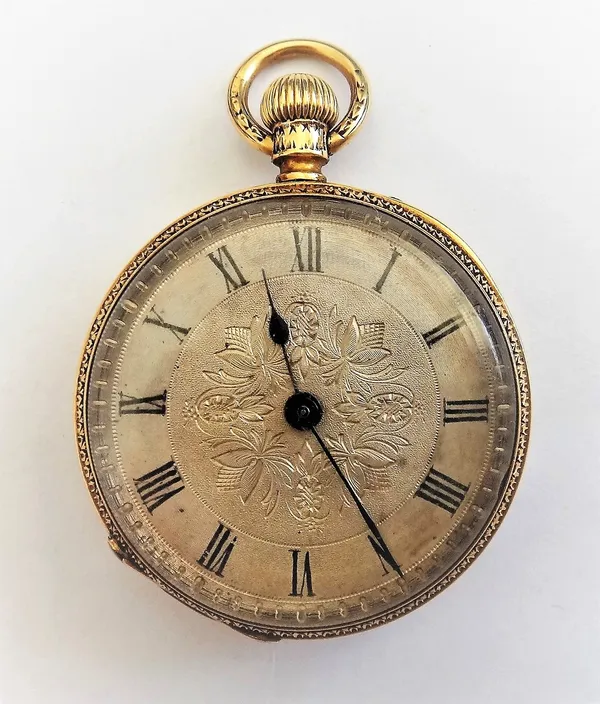 An 18ct gold cased, keyless wind, openfaced lady's fob watch, the gilt movement detailed John Bennett, No 15474, 18ct gold inner case, the silvered di