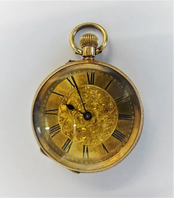 A gold cased, keyless wind, openfaced lady's fob watch, with a gilt jewelled movement, the base metal inner case presentation inscribed, the engraved