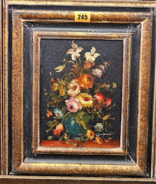 Continental School (20th century), Floral still life studies, a pair, oil on canas, indistinctly signed, each 23cm x 17cm.(2)   E1