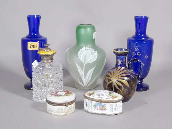 Glassware, comprising; a pair of blue glass vases, a blue glass jug with gilt floral decoration, a glass and enamel decanter and sundry, (qty).   S4T