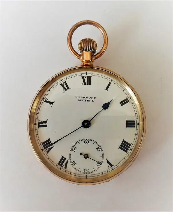 A gentleman's 9ct gold cased, keyless wind, openfaced pocket watch, with an unsigned gilt jewelled movement, gilt metal inner case, the enamelled dial