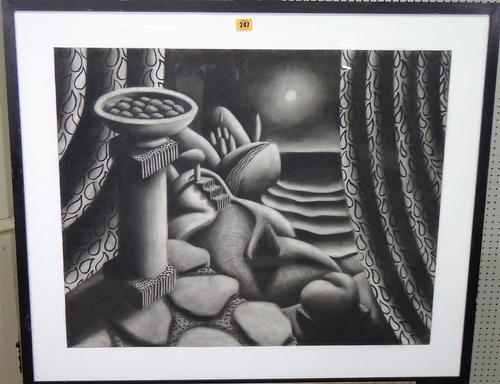 Robin Mason (b.1958), Temple on a shelf; Untitled, two, charcoal, both signed on reverse, one inscribed, one dated 1988, the larger 61cm x 76cm.(2)