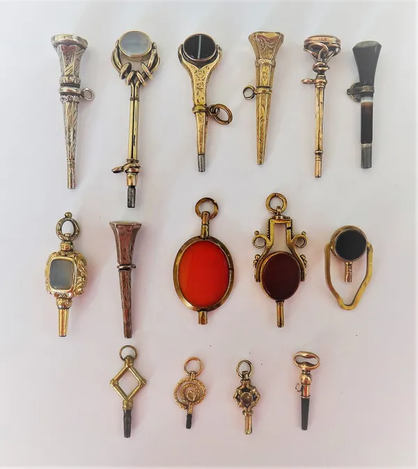 A bloodstone and sardonyx rotating watch key, a cornelian set watch key mount, an imitation bloodstone and cornelian watch key, a sardonyx watch key a