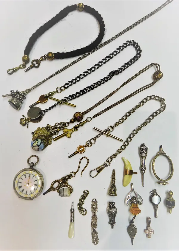 A lady's key wind, openfaced fob watch, the case detailed, 0,800, a Victorian woven hairwork Albert, fitted with a watch key and a swivel, a fine curb