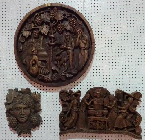 A group of three 20th century hardwood carved wall panels, the largest 65cm wide x 65cm high.   BAY 2