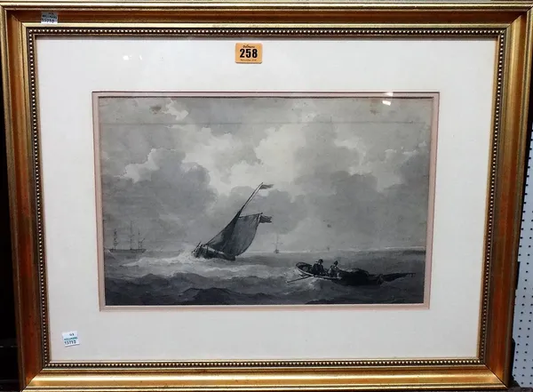 Follower of Schotel, Vessels off the coast, monochrome watercolour, 25cm x 39cm.   A4