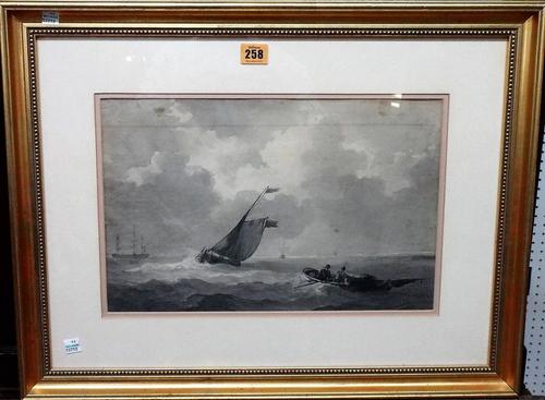 Follower of Schotel, Vessels off the coast, monochrome watercolour, 25cm x 39cm.   A4