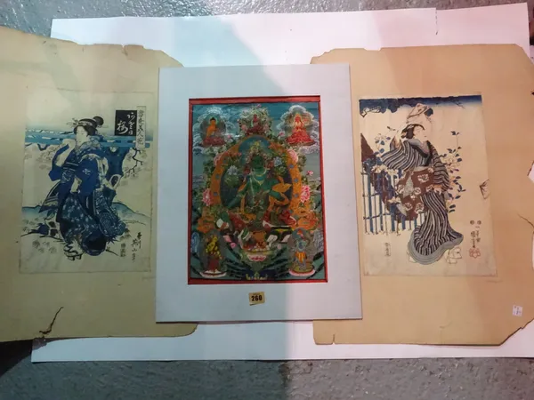 A Tibetan thangka painting and two Japanese wood block prints of geishas, (3)  4500 and 4509 CAB