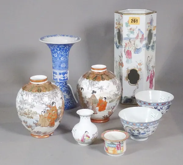 A group of Asian porcelain, late 19th/20th century, comprising;a  Chinese famille-rose hexagonal hat stand painted with figures; a pair of Chinese `dr