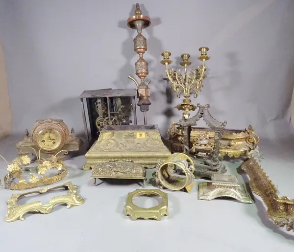 A large quantity of gilt metal and spelter clock case parts, plinths and elements, (qty).   S2M