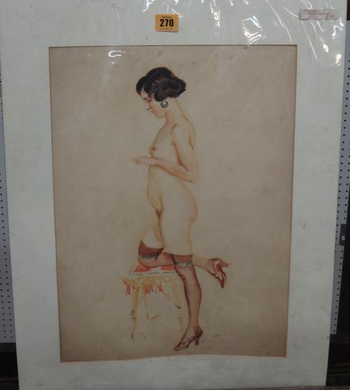 English School (early 20th century), Female nude, watercolour, 45.5cm x 32.5cm,  together with six further chalk drawings of nudes by another hand, al