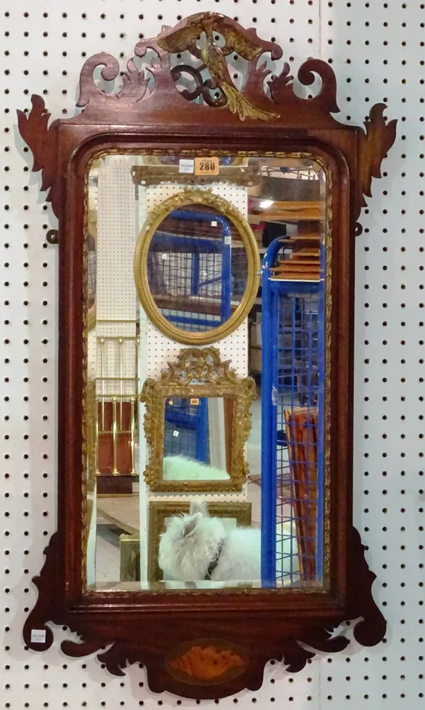 A George II style mahogany pier mirror with Ho ho bird crest, 40cm wide x 90cm high.   G5
