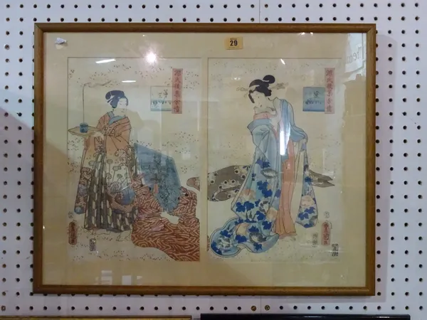 Utagawa Kunisada (1786-1865): a diptych of two women, signed, overall size 36.5cm. by 49cm., mounted, framed and glazed.   CAB