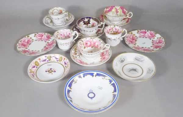 A group of English porcelain, late 18th/early 19th century, comprising; a Flight, Barr & Barr saucer printed with shells; a Charles Bourne coffee cup