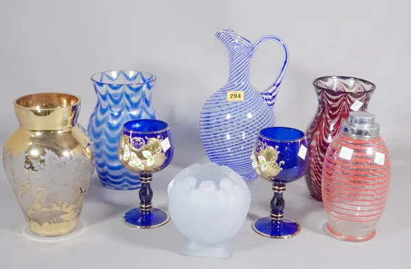Glassware including; a blue spiral jug, a cocktail shaker, a gilt vase and sundry, (qty).   S3T