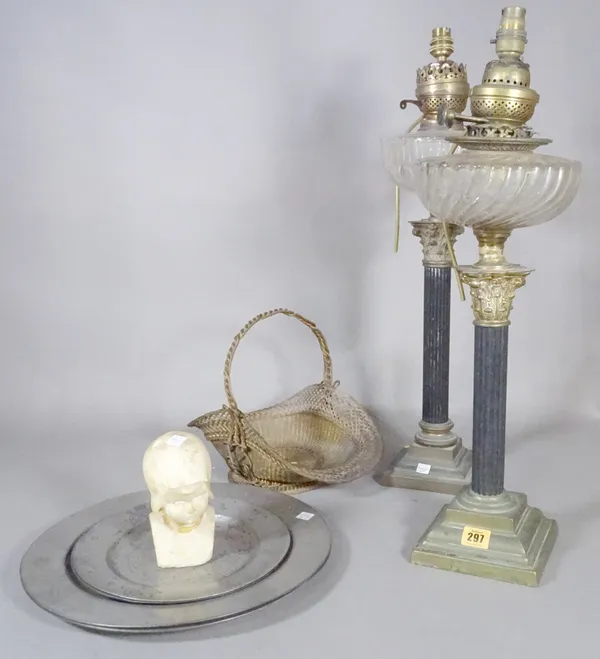 Collectables including; a similar pair of 19th century Corinthian column oil lamps, a gilt metal wire basket, an onyx bust of a child and sundry, (qty