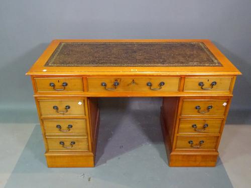 A 20th century mahogany pedestal desk with tan leather inset top, 120cm wide x 70cm high.    BAY 1