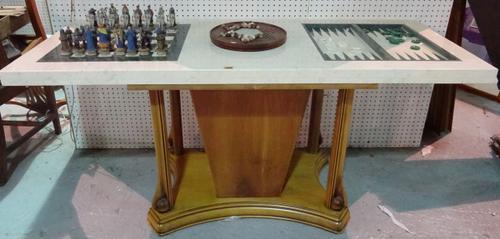 A 20th century games table wth marble top on mahogany plinth base, 163cm long x 75cm high.   ROST