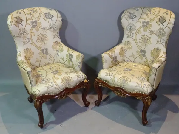 A pair of 18th century style mahogany framed armchairs on scroll supports and acanthus decoration and matching square coffee table, 74cm wide x 63cm h