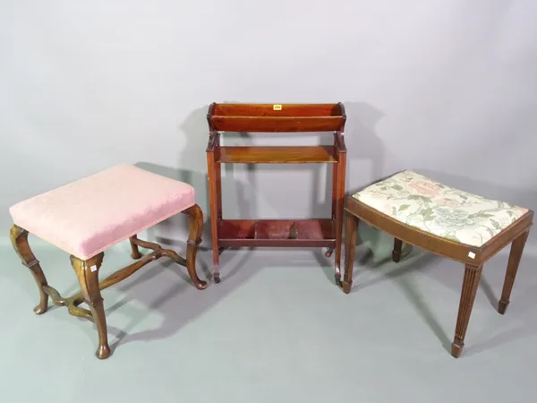 An Edwardian mahogany and inlaid book trough, 52cm wide x 77cm high, a George I style walnut footstool, 51cm wide x 49cm high and a Regency style maho