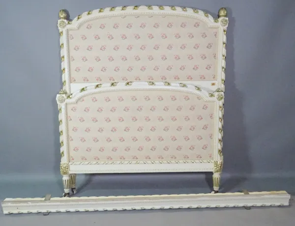 A Louis XVI style cream and gilt decorated single bed. 115cm wide, 135 cm tall. J6