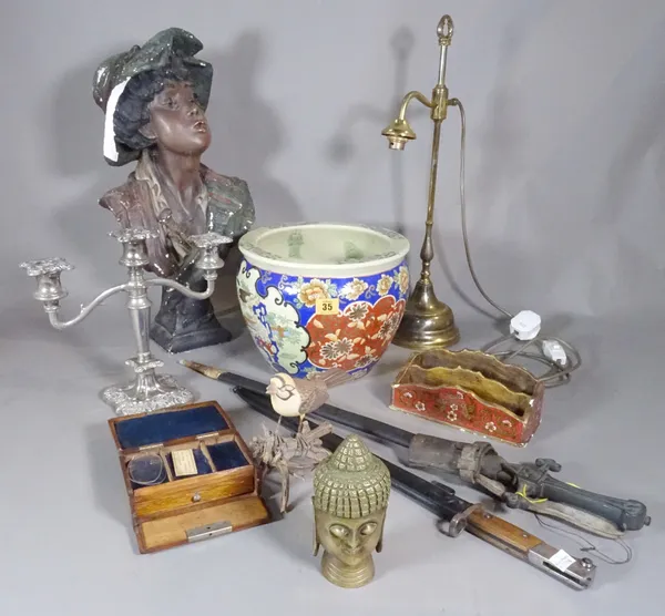Collectables, including; a plaster bust of a boy, a plated table candelabra, an Asian jardiniere, a carved model of a bird, a bayonet and sundry, (qty