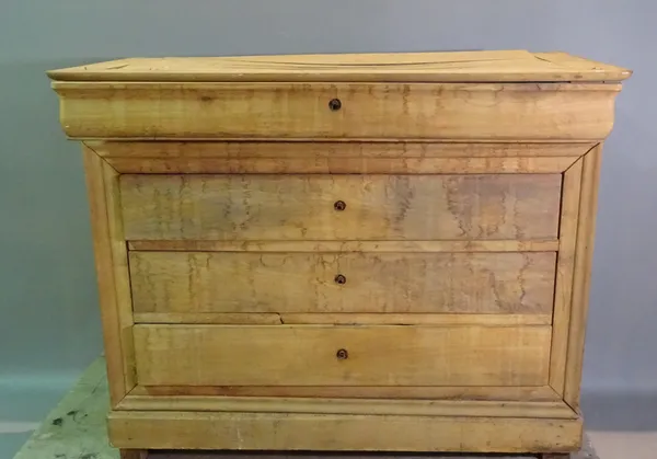 A 19th century French walnut chest of four long drawers, 138cm wide x 108cm high.   BAY 3