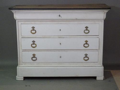 A 19th century French blue painted chest of four long drawers on bracket feet, 125cm wide x 94cm high.  BAY 1