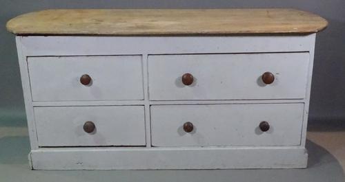 A 19th century French grey painted counter with rounded top over four long drawers, 180cm wide x 83cm high x 67cm deep.  BAY 3