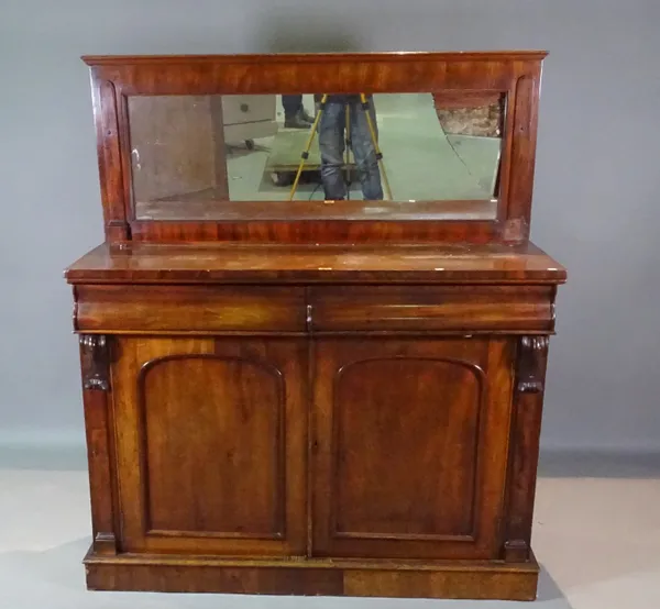A 19th century mahogany chiffonier with mirror back over pair of frieze drawers and a pair of cupboard doors, on plinth base, 122cm wide x 144cm high.