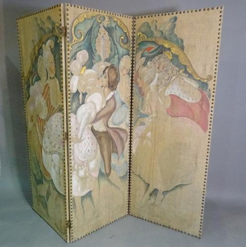 A 20th century painted canvas three fold screen with classical scenes, 180cm wide x 166cm high.  BAY 2