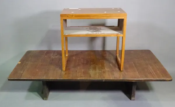 A 20th century rectangular hardwood coffee table, 162cm wide x 31cm high, and a walnut side table, 62cm wide x 60cm high, (2).   K8